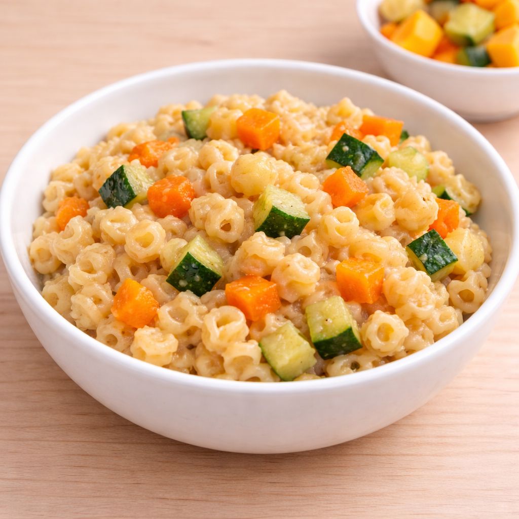 Pasta pequeña muy pasada con verduras blandas